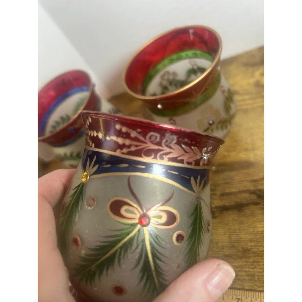 Vintage 2004 Christmas Glass Candle Holder Cups Set of 3 4” Hand Painted